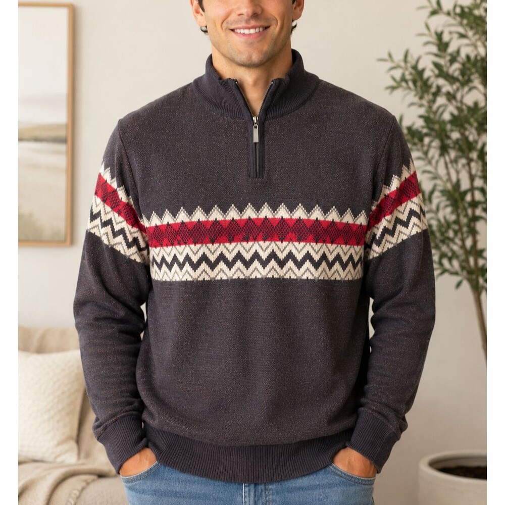 FAZE 1 Quarter Zip Sweater Charcoal Heather Red Geometric Knit Pullover XL 18
